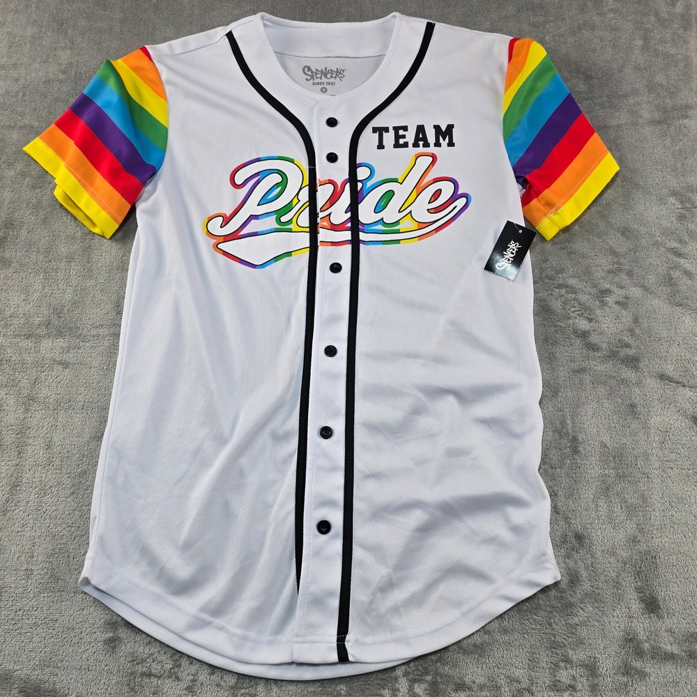 Spencer's Baseball Jersey Adult Small White Rainbow Team Pride Button Up Shirt